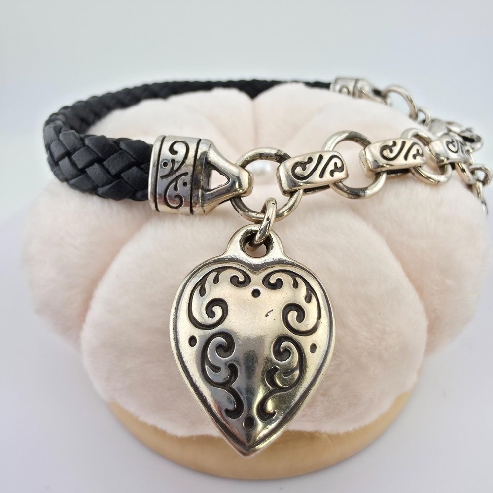 BRIGHTON 'Kings Road' Bracelet Heart‎ Braided Leather Cord Silver Plate 7.75"